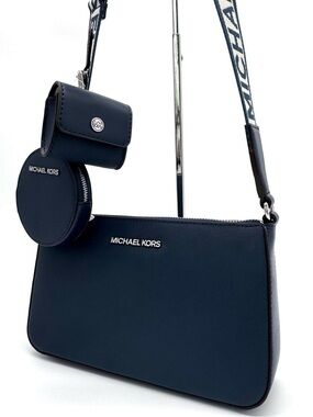 Michael Kors Jet Set Logo Crossbody Bag w Case for Apple AirPods Pro Navy Blue